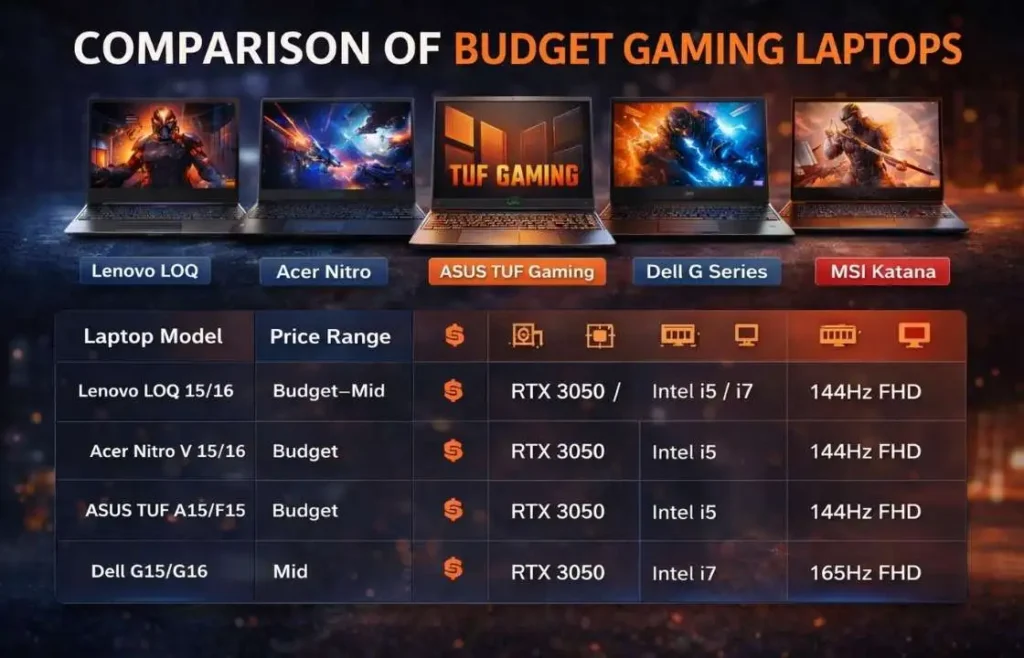 Visual comparison of budget gaming laptops showing overall performance balance without relying on exact specifications