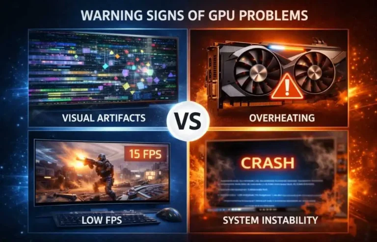Common GPU issues such as visual artifacts, overheating, low FPS, and system instability
