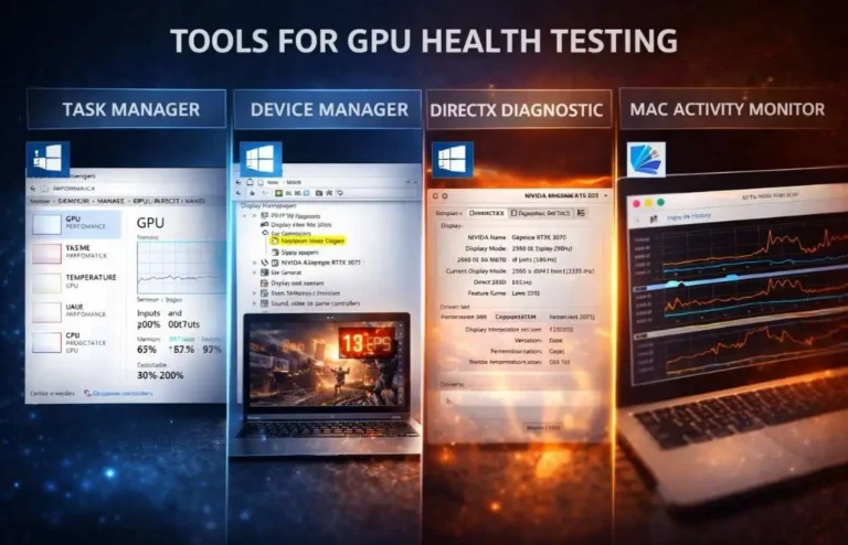 GPU health testing tools including Task Manager, Device Manager, DxDiag, and macOS Activity Monitor