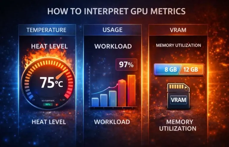 GPU health metrics showing temperature levels, usage workload, and VRAM memory utilization