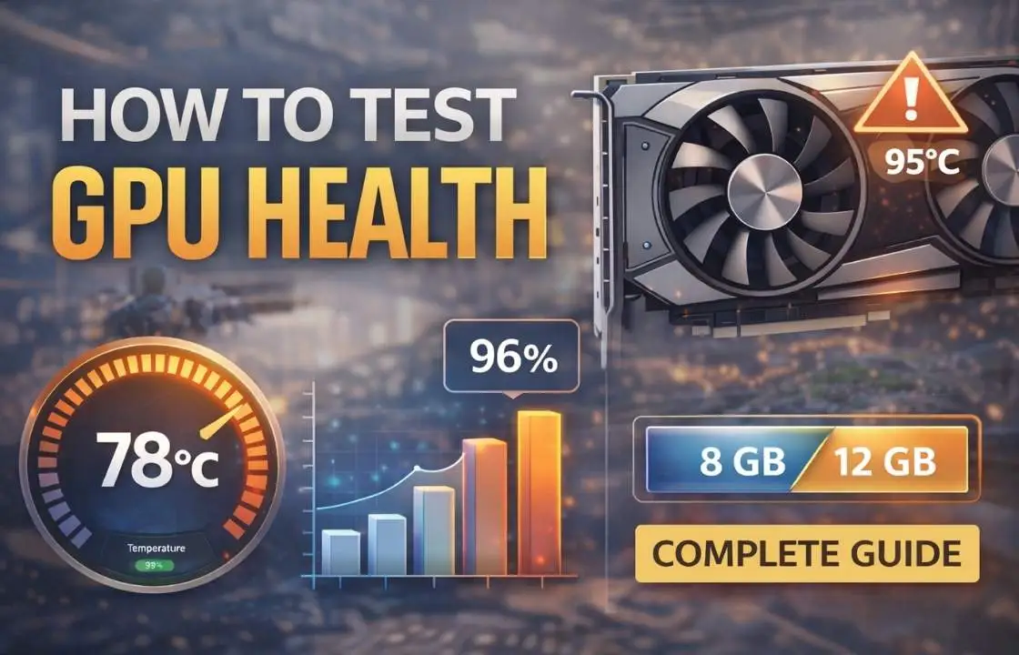 Gaming-focused thumbnail showing how to test GPU health with temperature, usage, and VRAM indicators