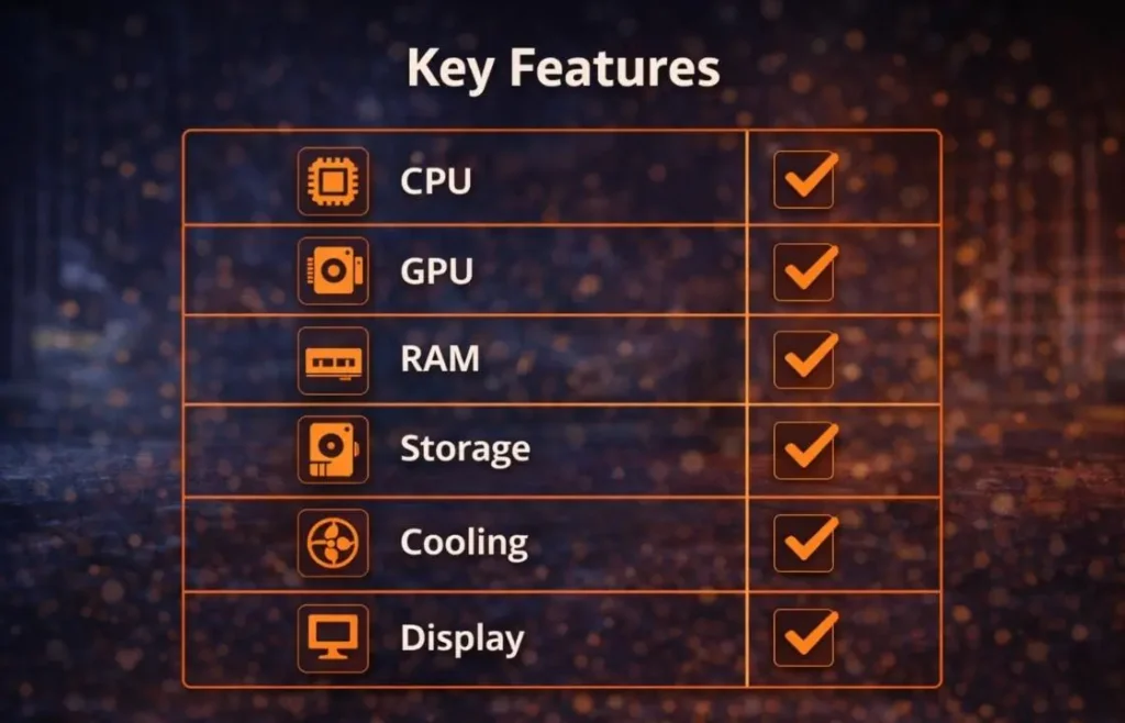 Table showing key features to consider in a budget gaming laptop including CPU, GPU, RAM, storage, cooling, and display