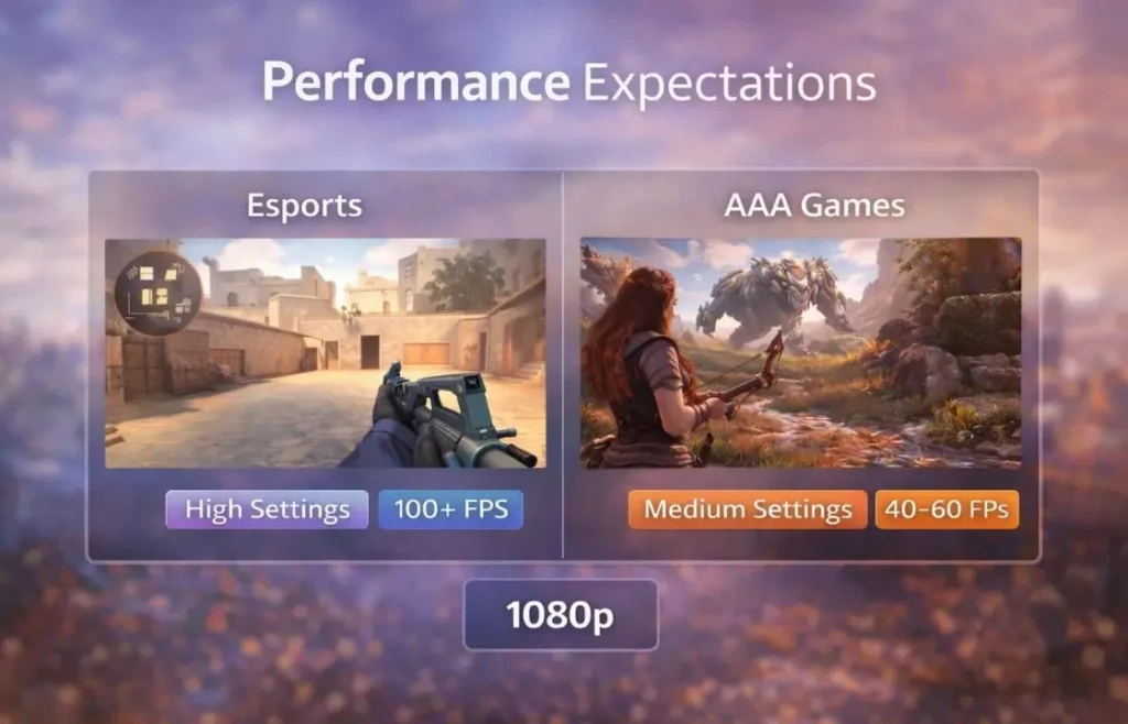 Performance expectations for budget gaming laptops showing esports games at high settings and AAA games at medium settings at 1080p resolution
