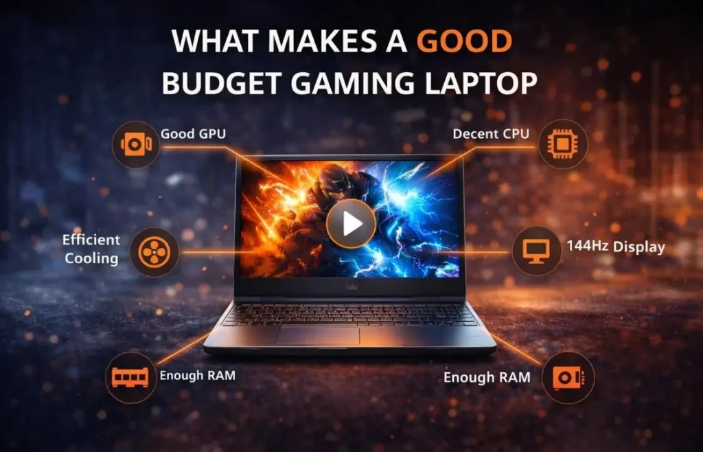 Illustration showing key features of a budget gaming laptop including GPU, CPU, cooling, RAM, and display