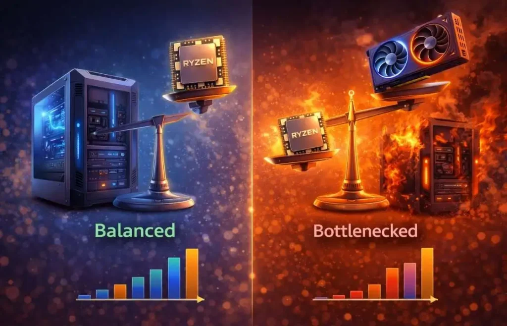 Illustration comparing a balanced CPU and GPU system with a bottlenecked setup showing reduced performance and instability