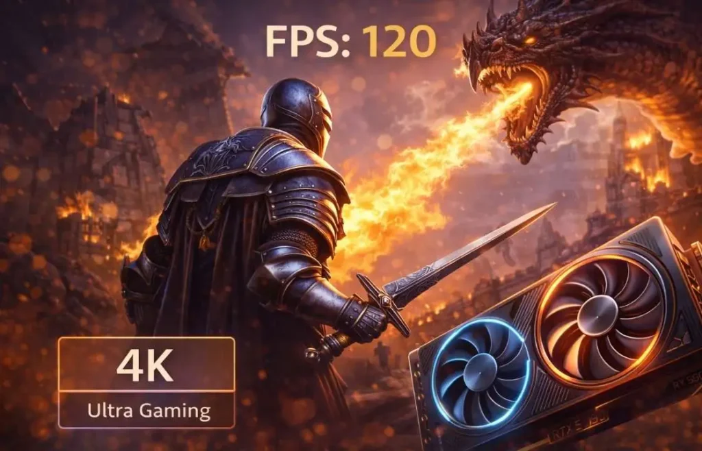 4K ultra gaming performance visual showing GPU-heavy, high-end gameplay with smooth frame rates for enthusiast PC builds