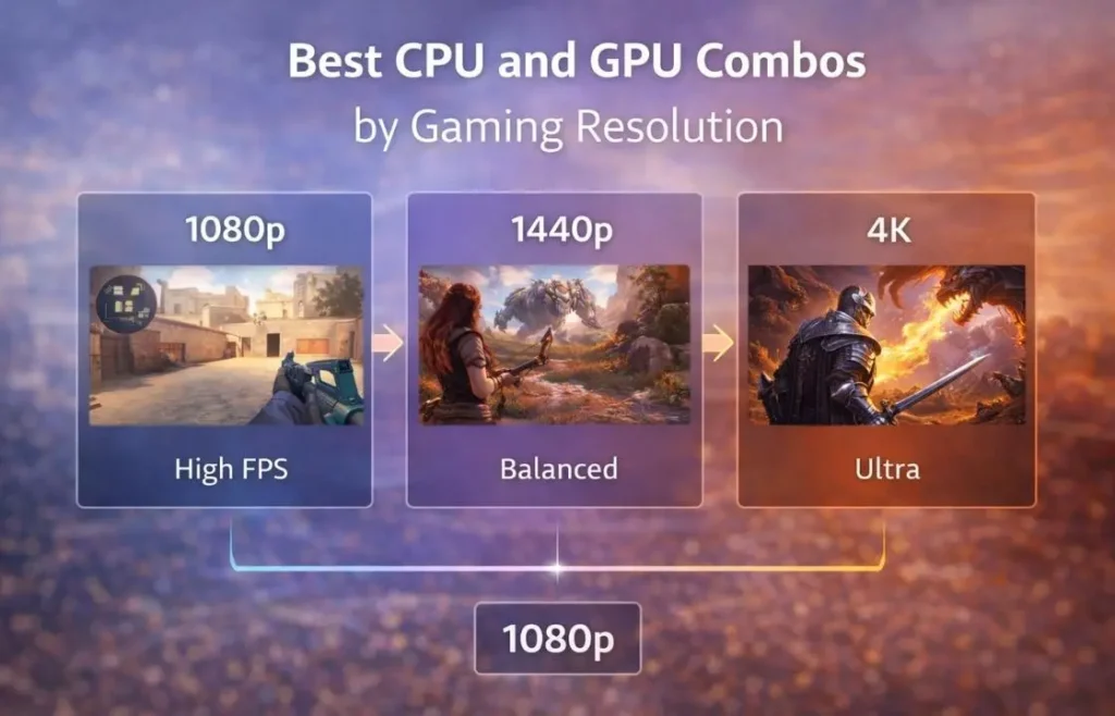 Resolution-based comparison showing CPU and GPU combo performance for 1080p, 1440p, and 4K gaming