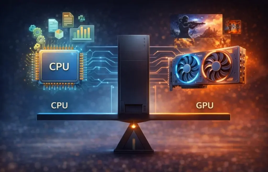 Illustration showing balanced CPU and GPU roles in a PC, highlighting how both components work together to avoid performance bottlenecks