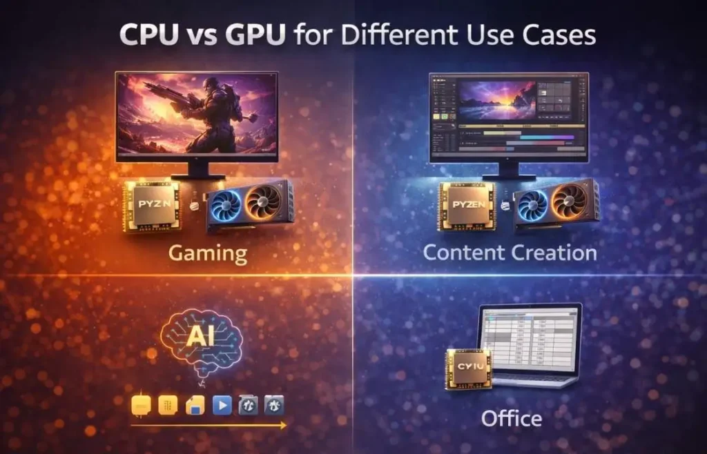 Visual comparison showing how CPU and GPU performance differs across gaming, content creation, AI workloads, and office tasks