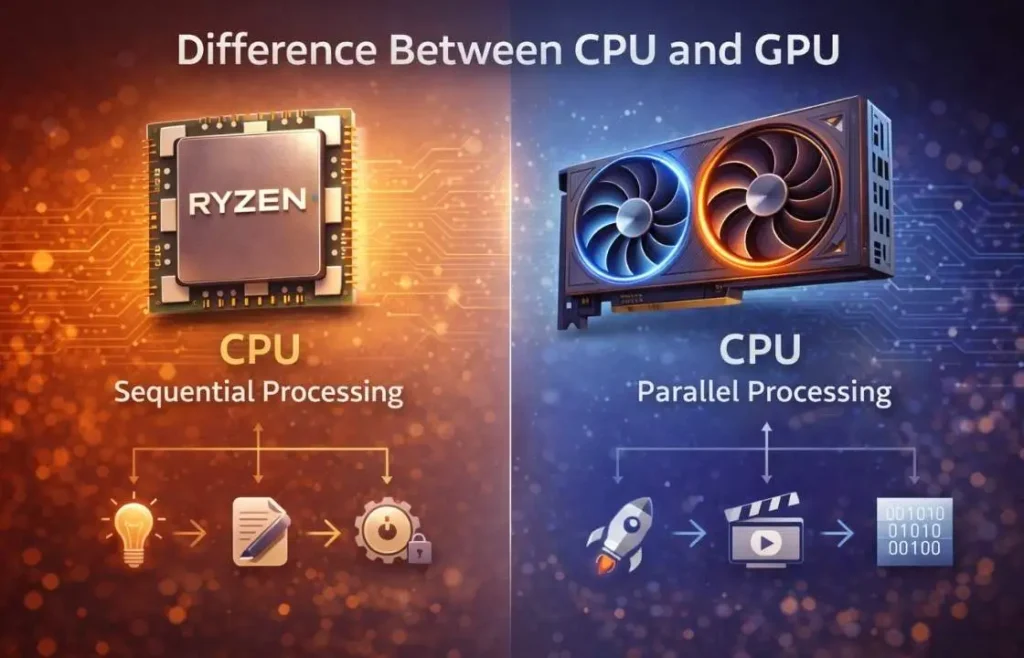Side-by-side comparison illustrating CPU sequential processing versus GPU parallel processing in system performance